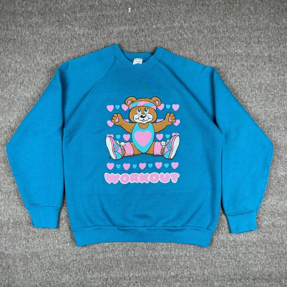 Vintage Workout Teddy Bear Sweatshirt Adult Large Blue Cute Gym USA Crewneck 90s